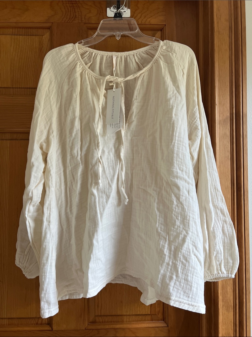 Nothing Fits But Womens Cream Gauze Cotton Peasant Blouse with Tie Neck S\M